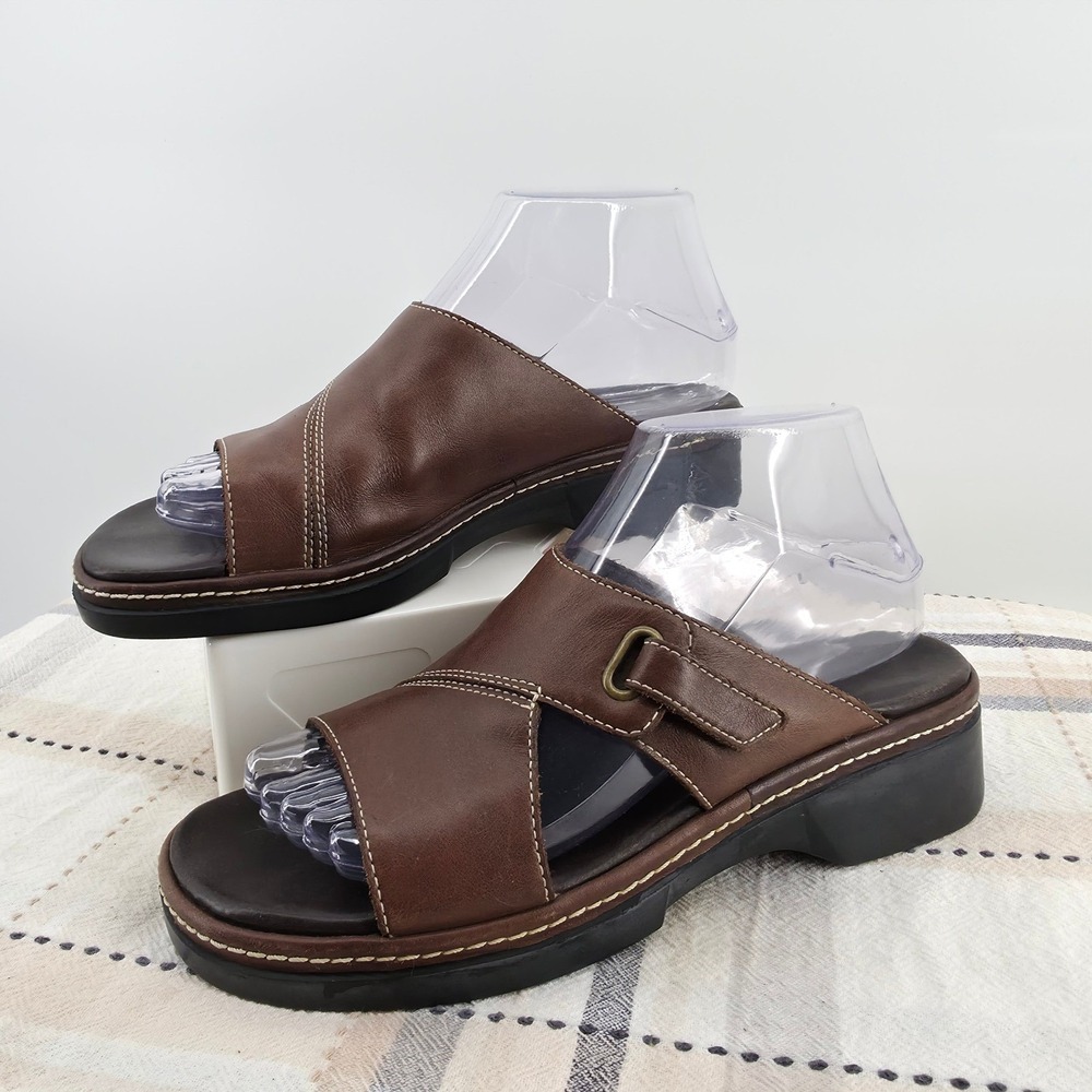 Clarks Brown Leather Slide Sandals Womens 7M Adjustable Strap Mules